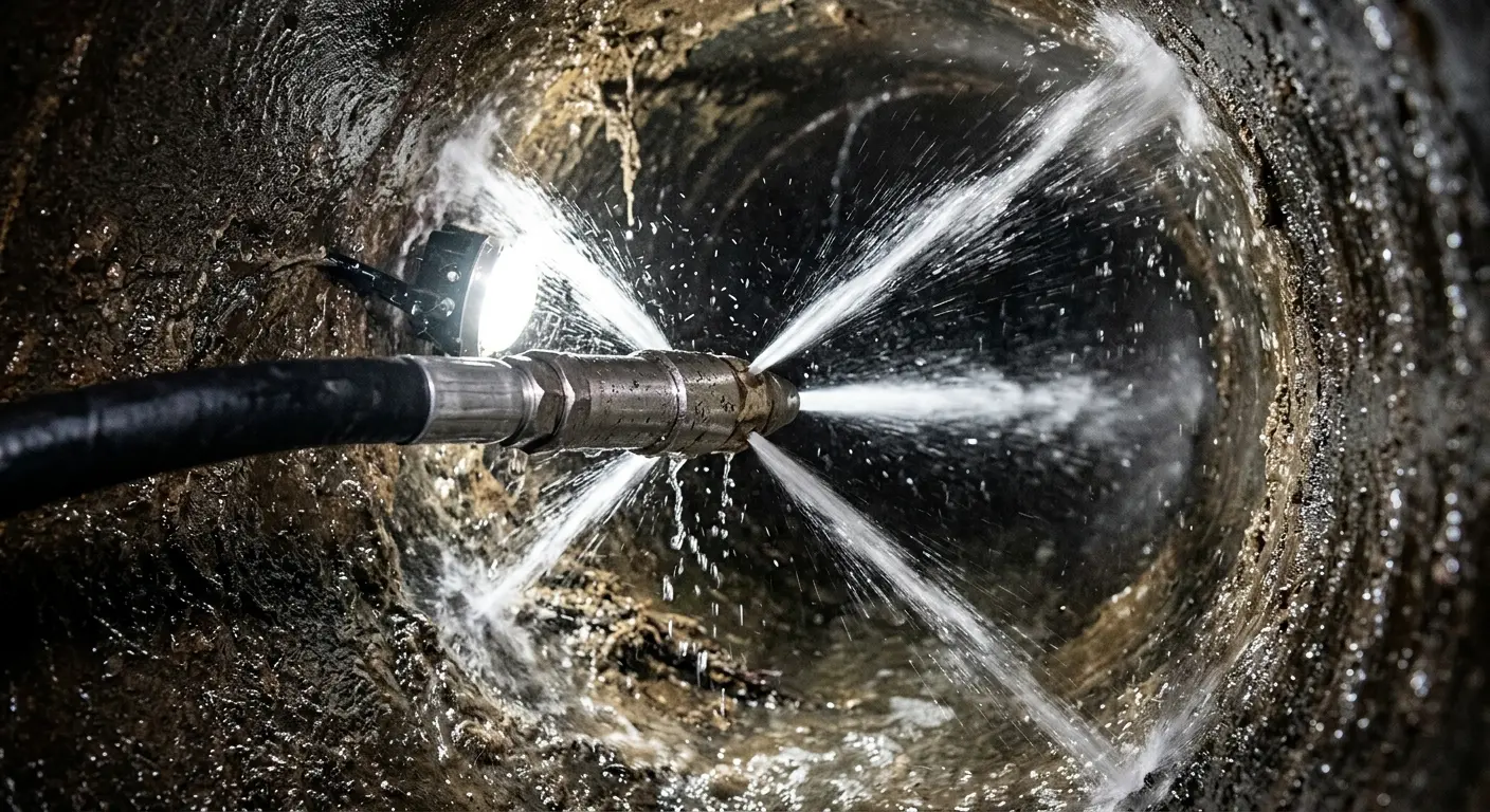 High-pressure hydro jetting nozzle cleaning sewer pipe for Emergency Drain Service in Middle Smithfield