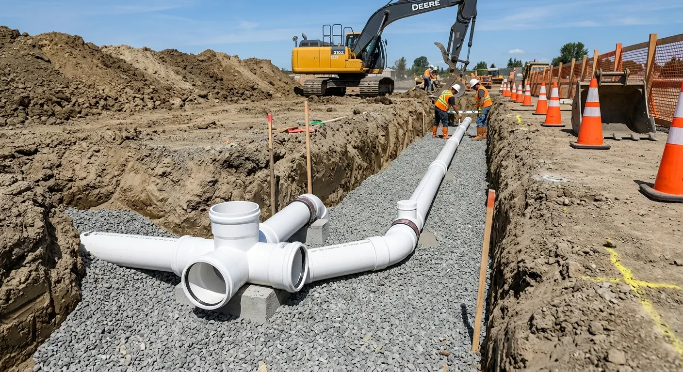 New PVC sewer pipe installation in open trench for Sewer Backup in Middle Smithfield