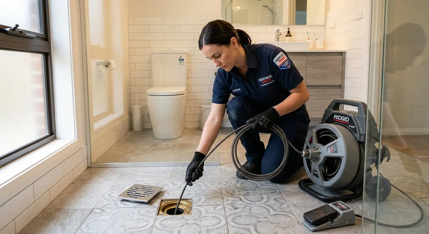 Technician clearing a bathroom floor drain for Drain Cleaning in Middle Smithfield